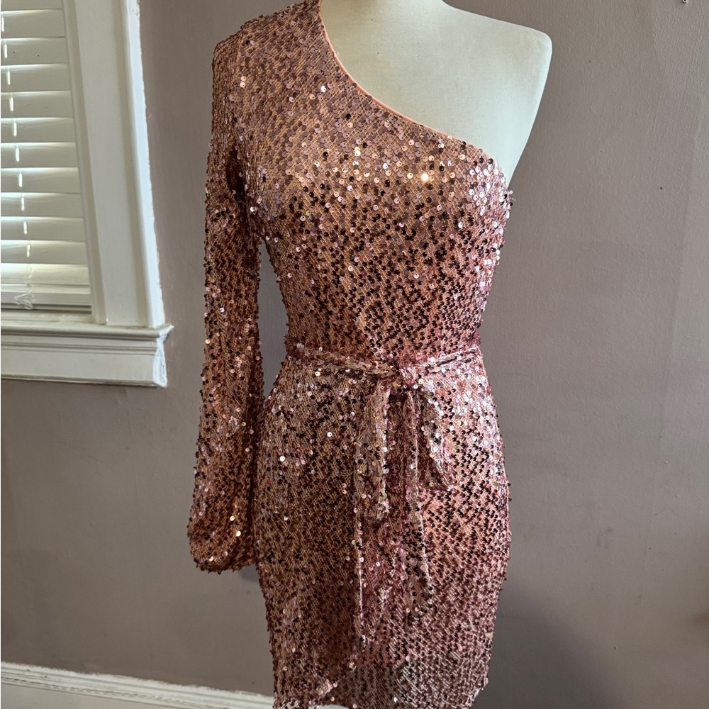Bebe One-Shoulder Pink Sequin Dress